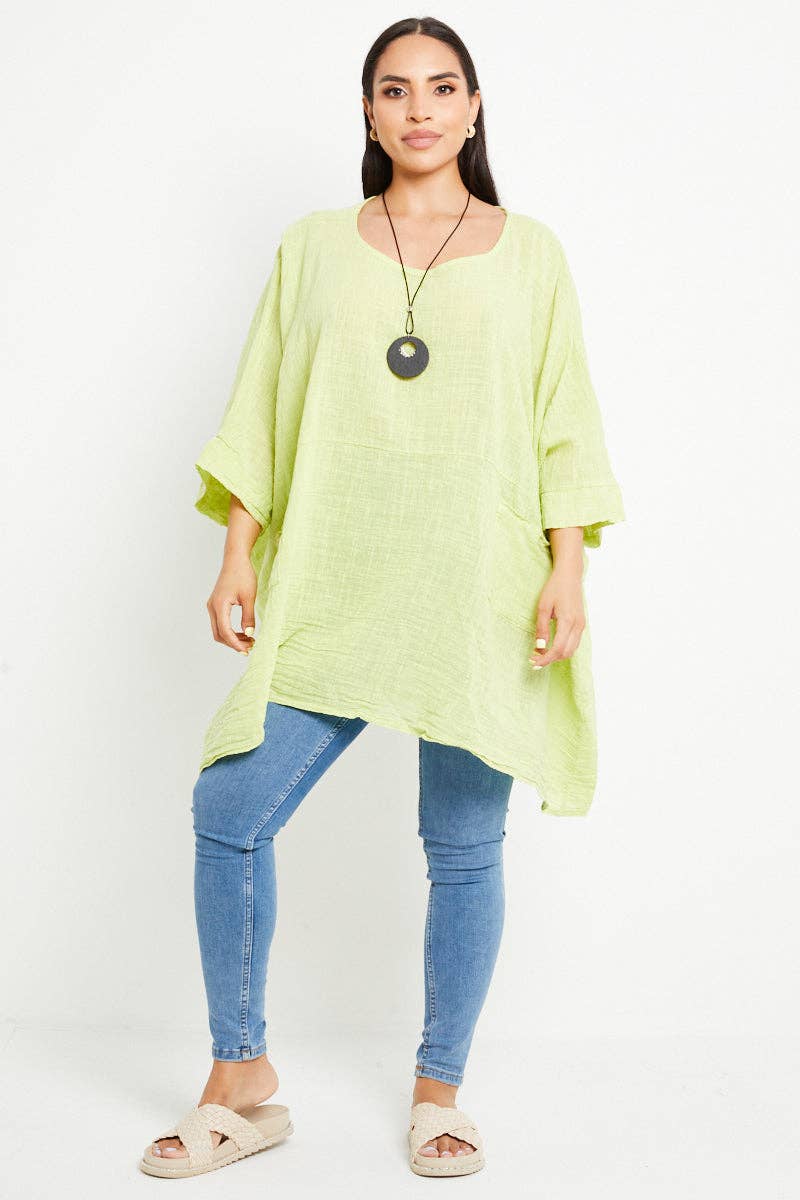 Italian Plain Cotton Necklace Batwing Boxy Top