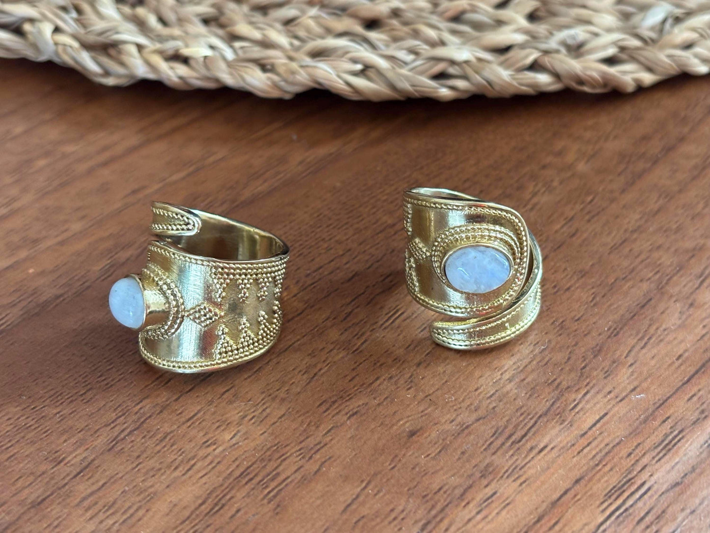 Handcrafted Brass Adjustable Rings with Moonstone – Ethnic Boho Design.