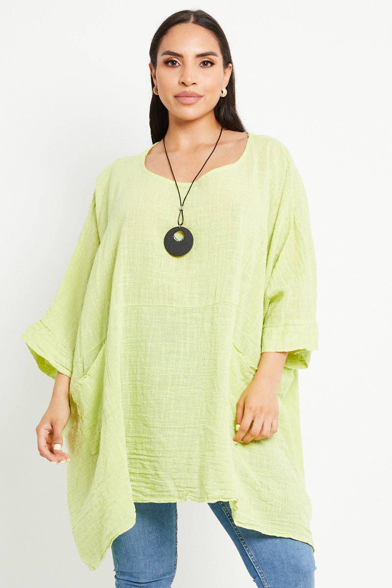 Italian Plain Cotton Necklace Batwing Boxy Top