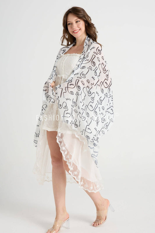 Abstract Face Print Frayed Scarf: White