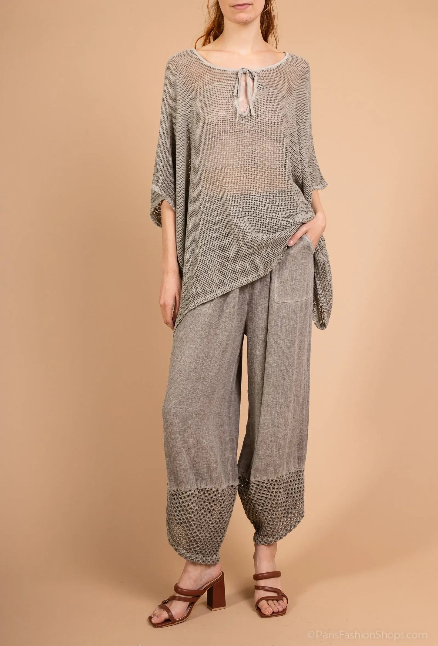 Mesh-bottom pants in cotton linen