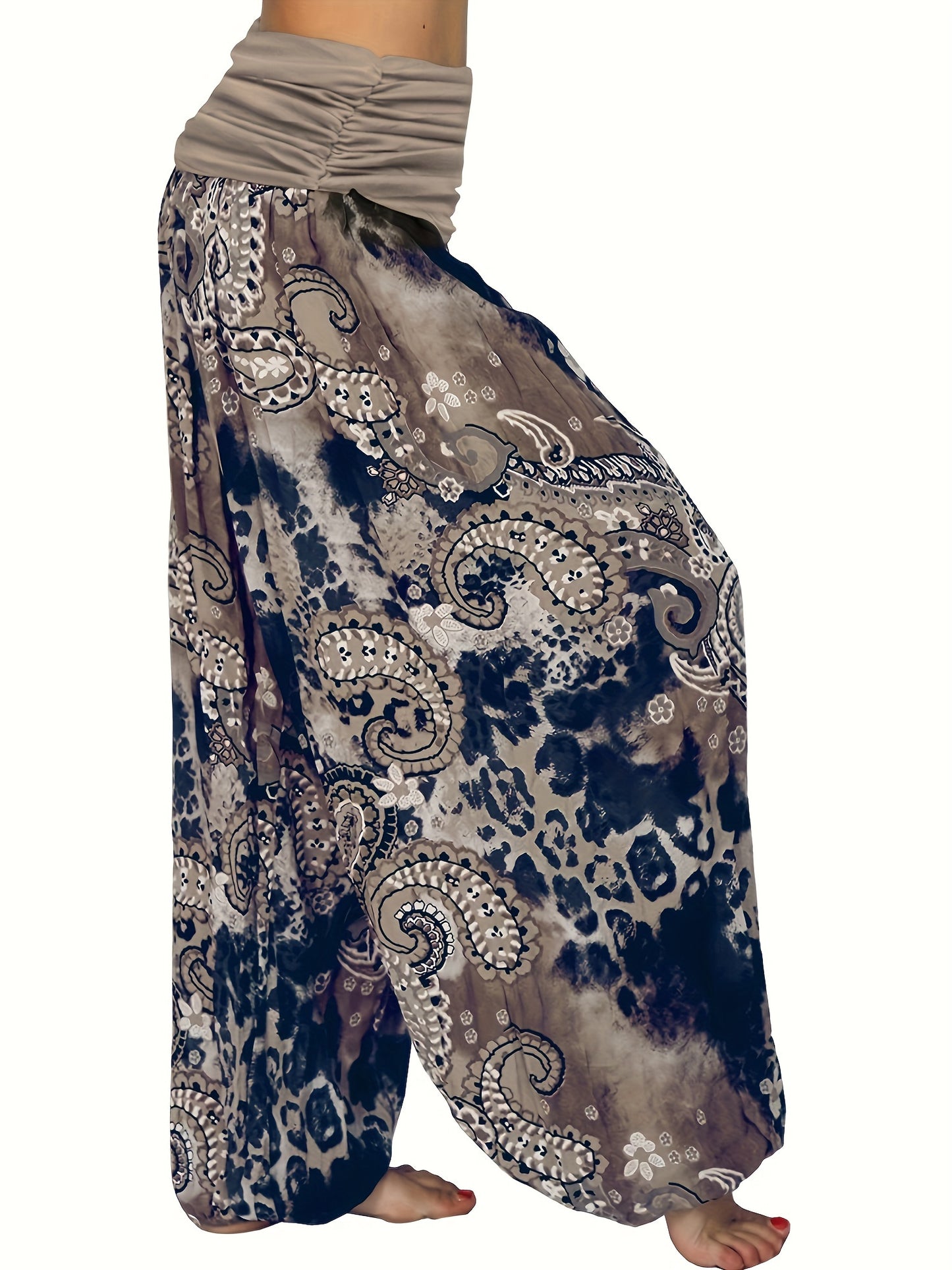 Plus Size Boho Pants, Women's Plus Paisley Print Ruched High Waist Baggy Harem Pants