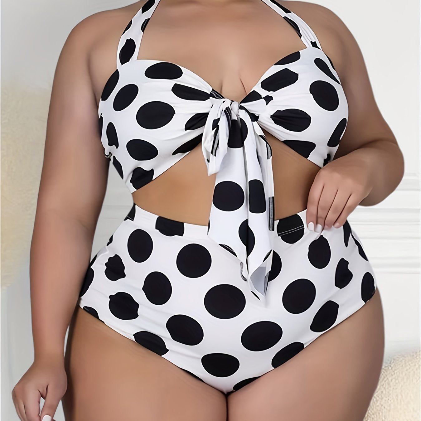 Plus Size Retro Bikini Set, Women's Plus Polka Dot Print Halter Neck Tie Front Backless Top & Underwear Swimsuit Two Piece Set