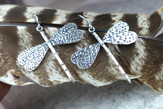 Textured Brass Dragonfly Earrings - Nature-inspired dangle earrings with hammered dragonfly motifs in antique brass.