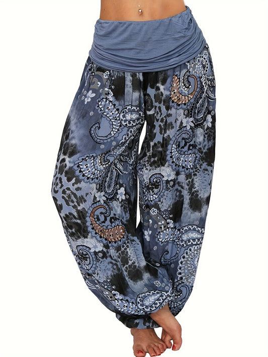 Plus Size Boho Pants, Women's Plus Paisley Print Ruched High Waist Baggy Harem Pants