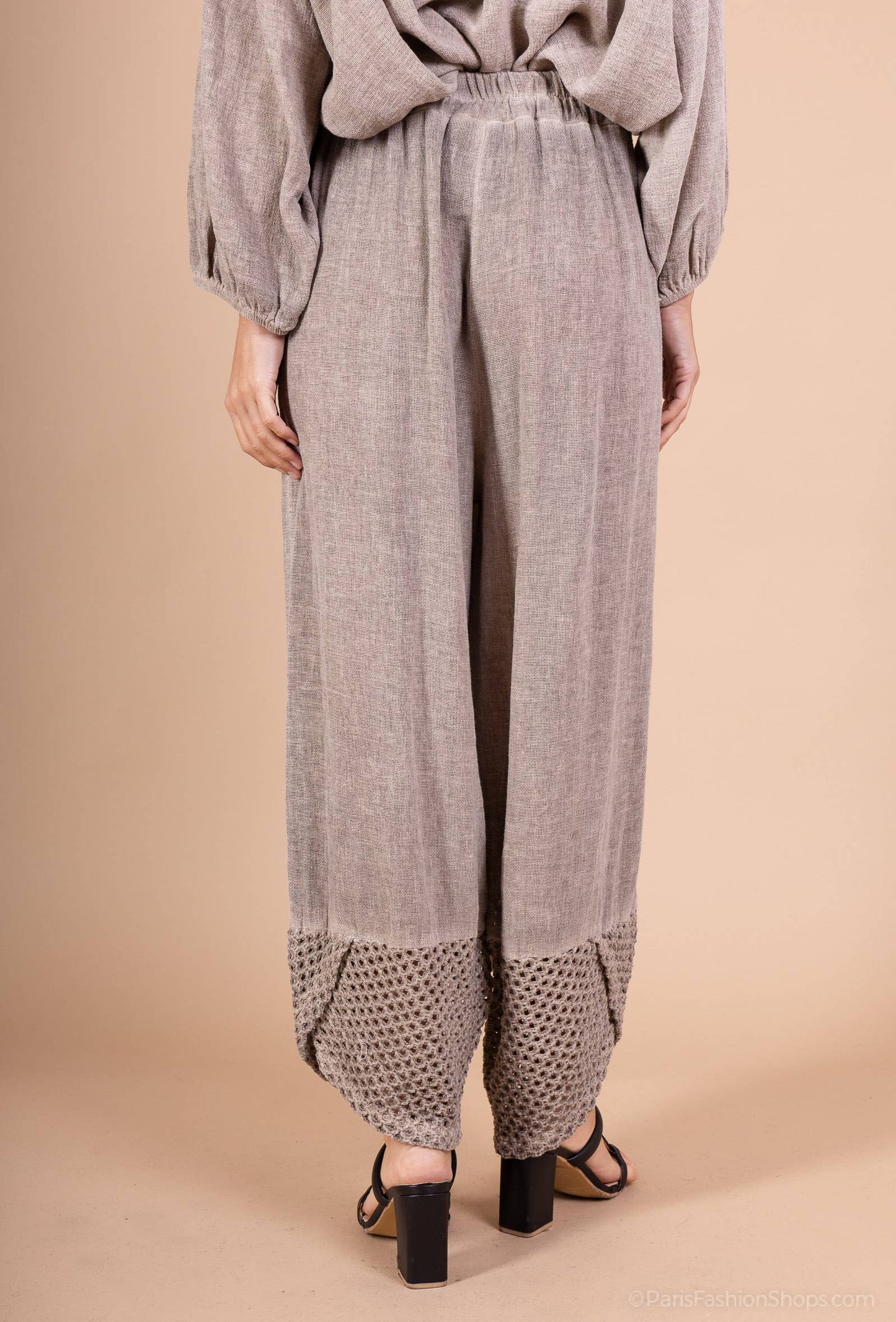 Mesh-bottom pants in cotton linen