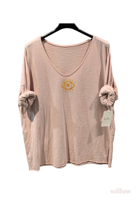 Plain cotton top with long sleeves eye logo: Khaki