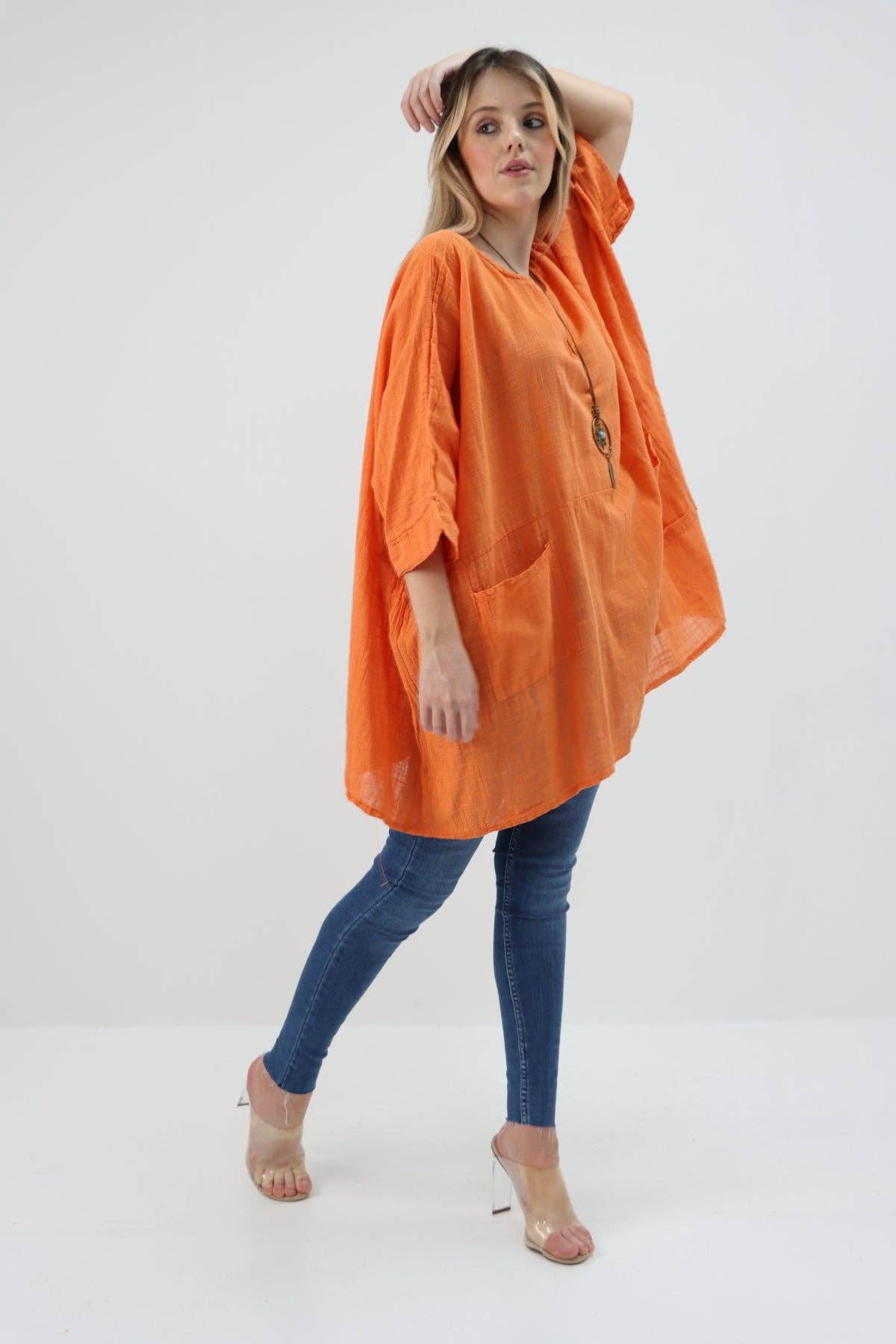 Italian Plain Cotton Necklace Batwing Boxy Top