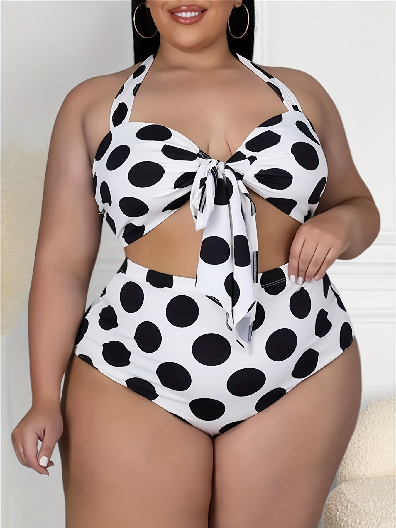 Plus Size Retro Bikini Set, Women's Plus Polka Dot Print Halter Neck Tie Front Backless Top & Underwear Swimsuit Two Piece Set