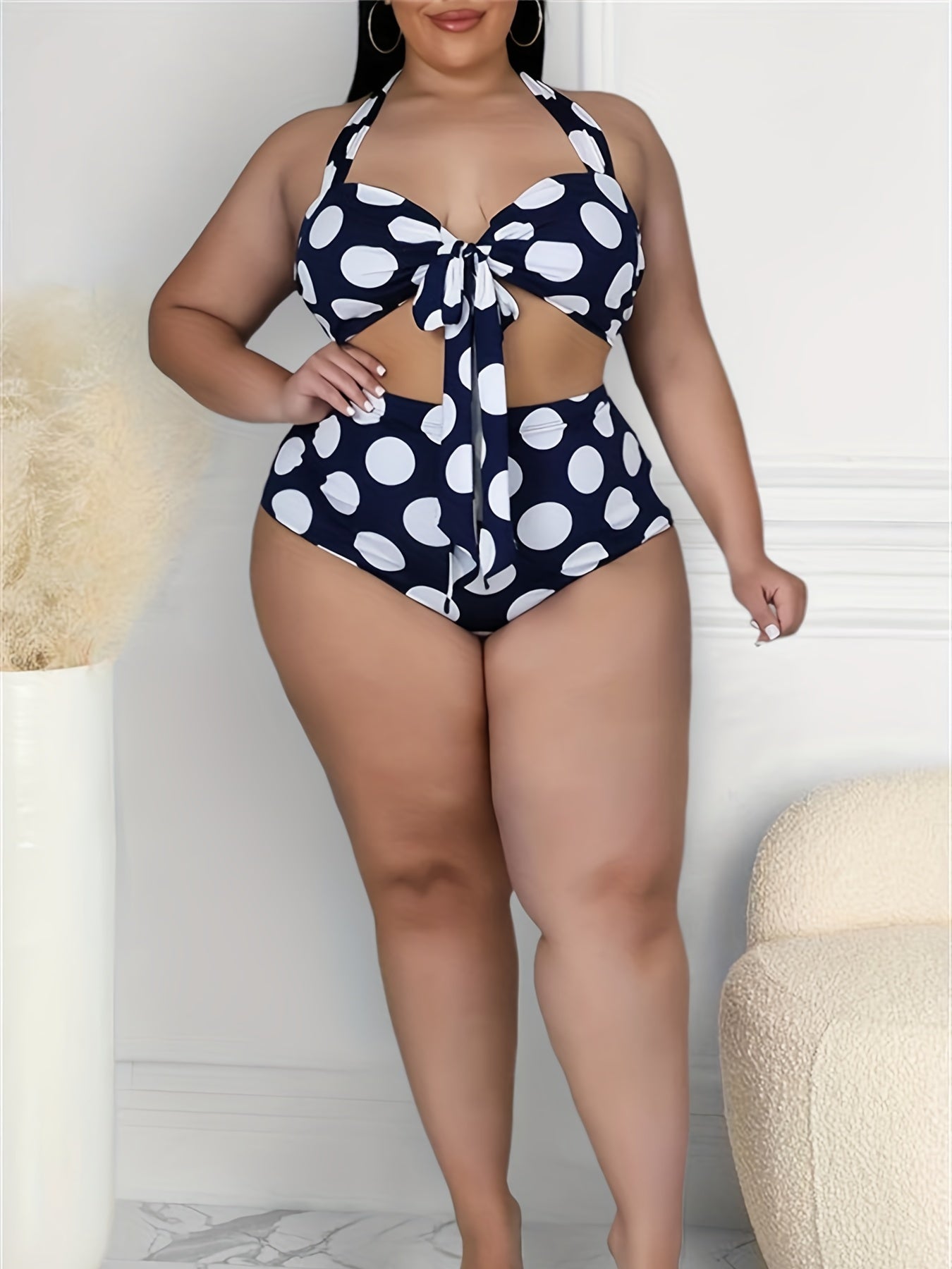 Plus Size Retro Bikini Set, Women's Plus Polka Dot Print Halter Neck Tie Front Backless Top & Underwear Swimsuit Two Piece Set