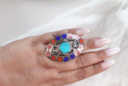 Bohemian Turquoise Statement Rings with Multicolor Inlays.