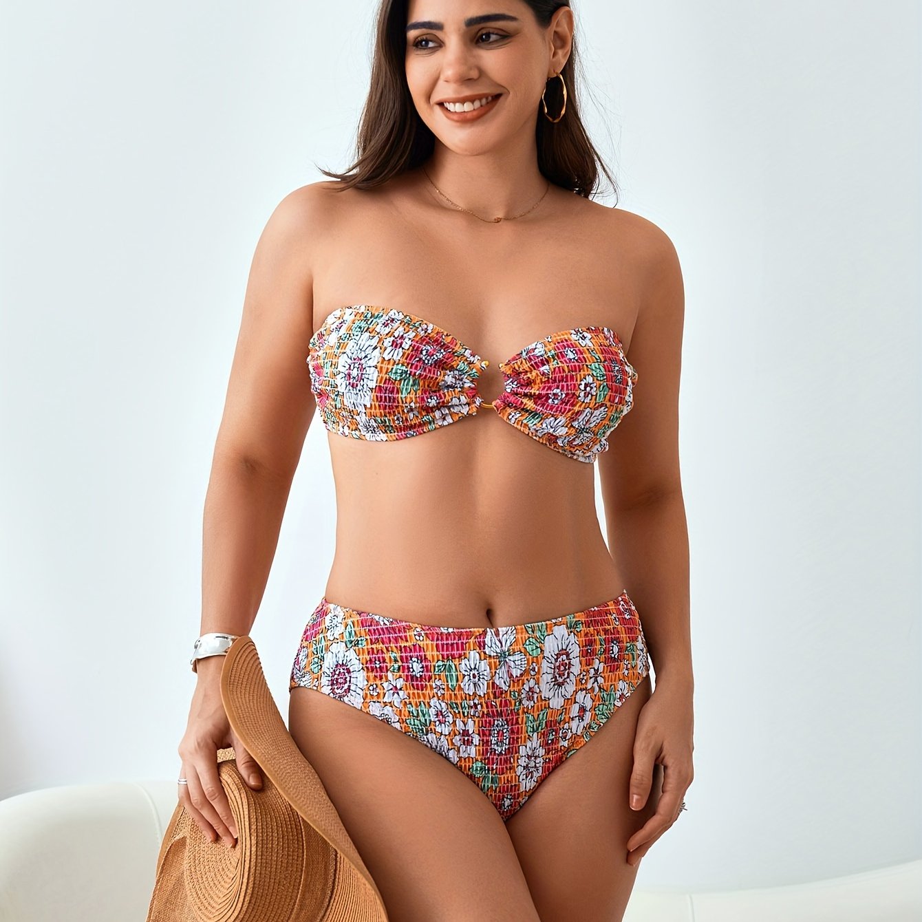 Plus Size Sexy Bikini Set, Women's Plus Floral Print Ring Linked Shirred Tube Bra & Panty Swimsuit 2 Piece Set