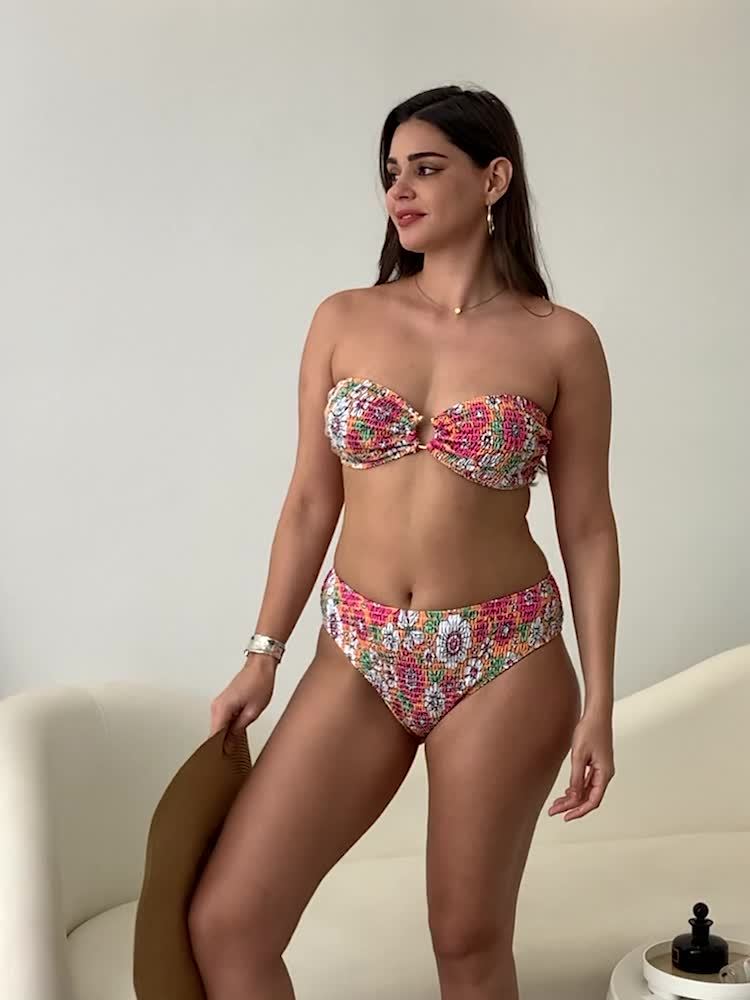 Plus Size Sexy Bikini Set, Women's Plus Floral Print Ring Linked Shirred Tube Bra & Panty Swimsuit 2 Piece Set