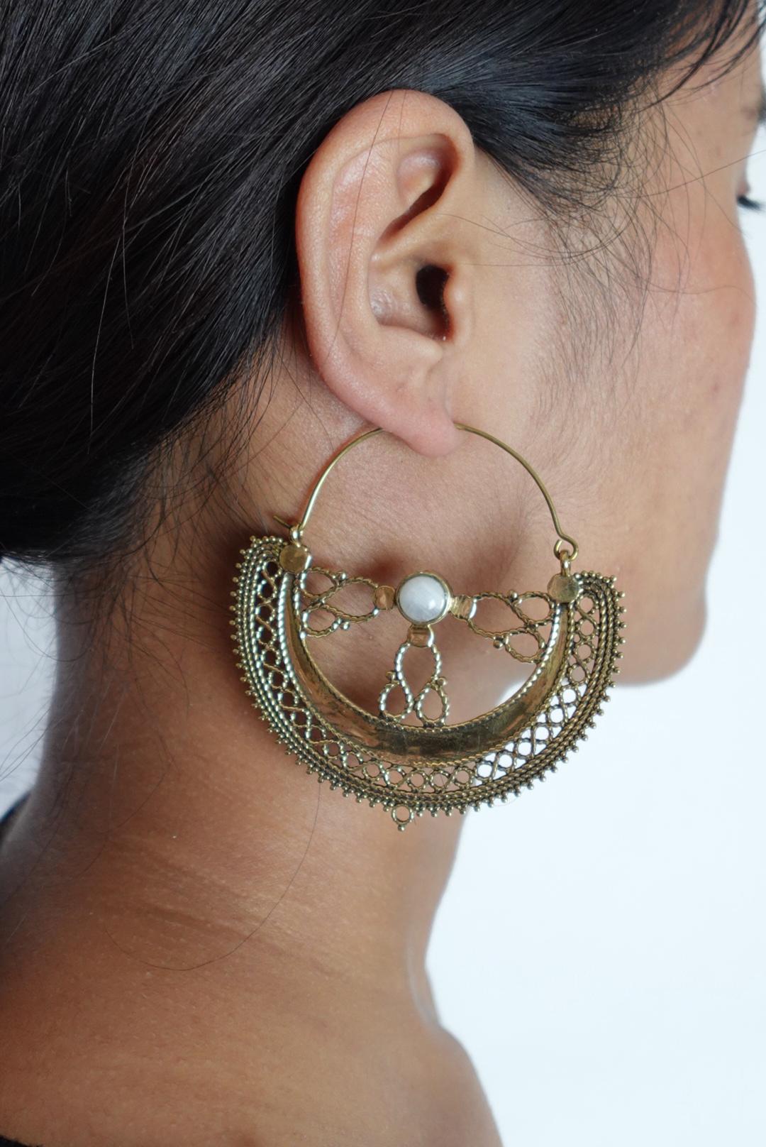 Filigree Crescent Moon Earrings with Gemstone.