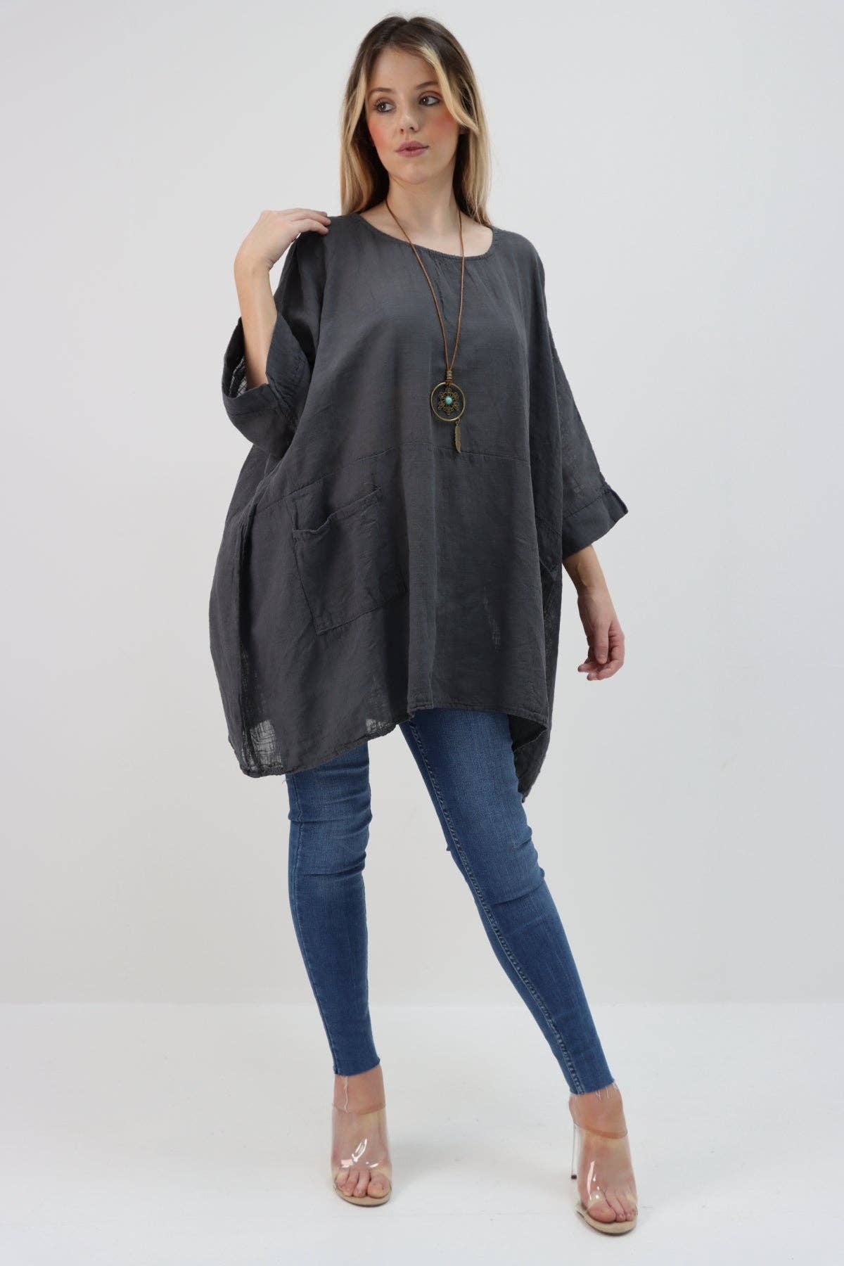 Italian Plain Cotton Necklace Batwing Boxy Top