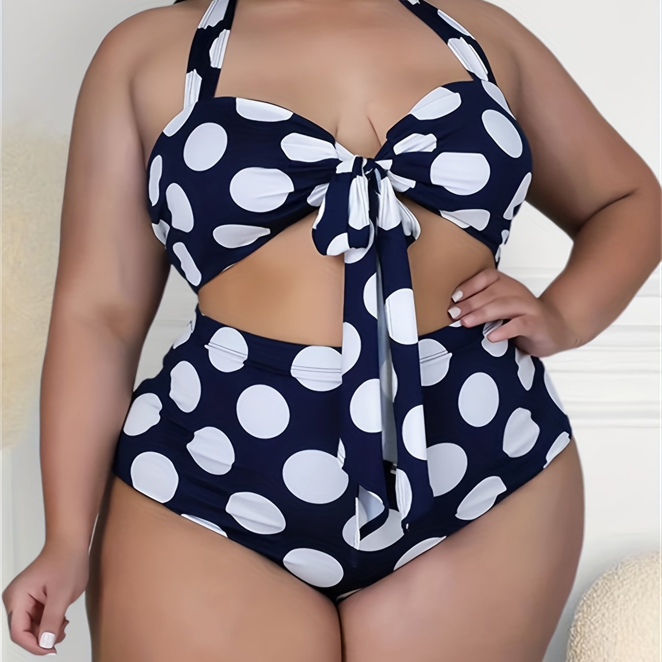 Plus Size Retro Bikini Set, Women's Plus Polka Dot Print Halter Neck Tie Front Backless Top & Underwear Swimsuit Two Piece Set