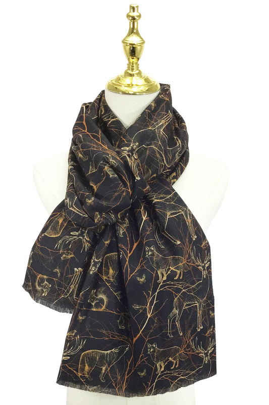 Woodland Animals Print Wool Scarf: Black