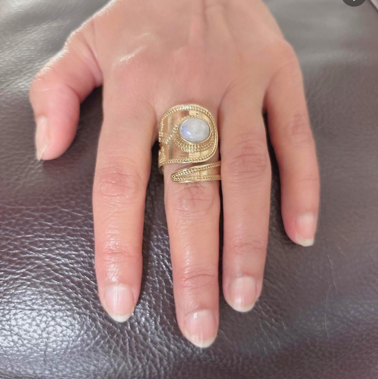 Handcrafted Brass Adjustable Rings with Moonstone – Ethnic Boho Design.