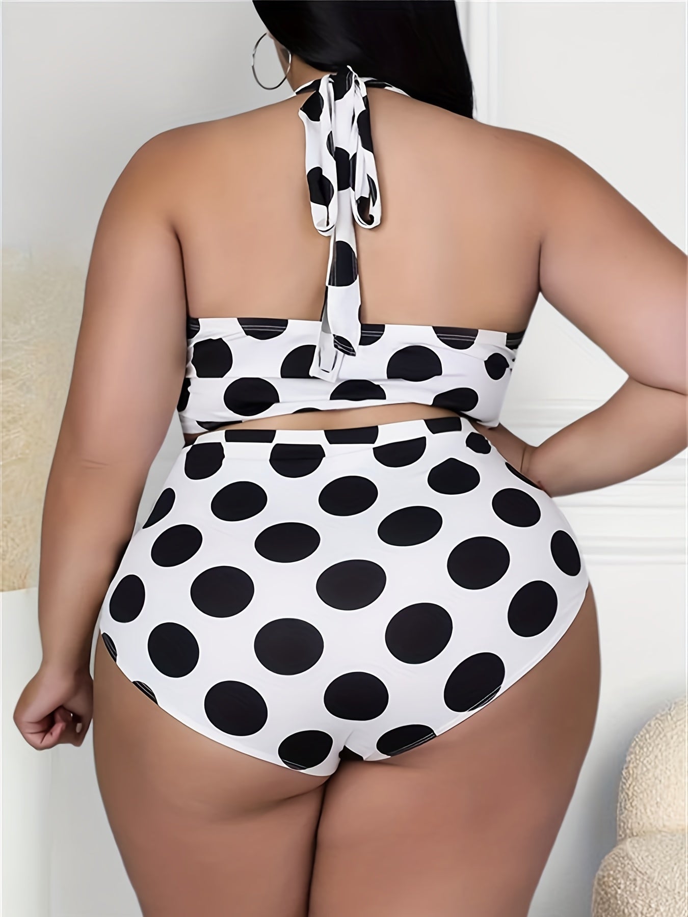 Plus Size Retro Bikini Set, Women's Plus Polka Dot Print Halter Neck Tie Front Backless Top & Underwear Swimsuit Two Piece Set