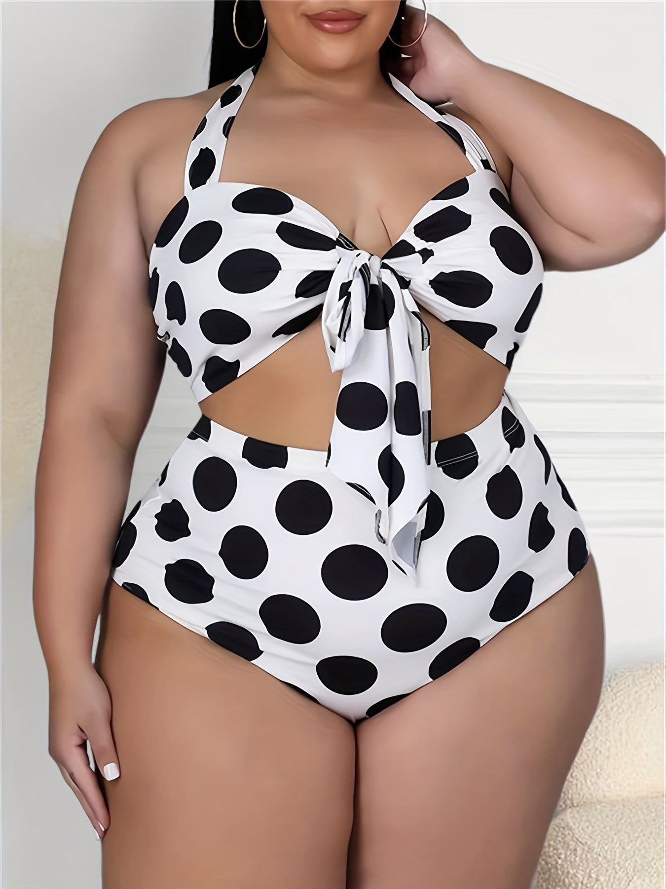 Plus Size Retro Bikini Set, Women's Plus Polka Dot Print Halter Neck Tie Front Backless Top & Underwear Swimsuit Two Piece Set