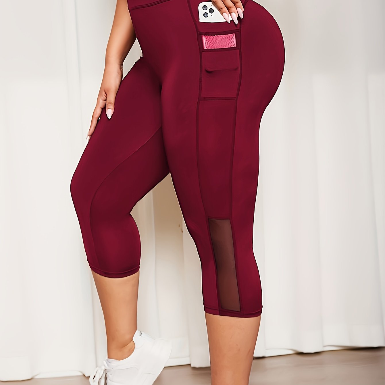 Plus Size Sports Capri Pants, Women's Plus Solid High Rise Slim Fit Running Yoga Capri Leggings With Phone Pockets