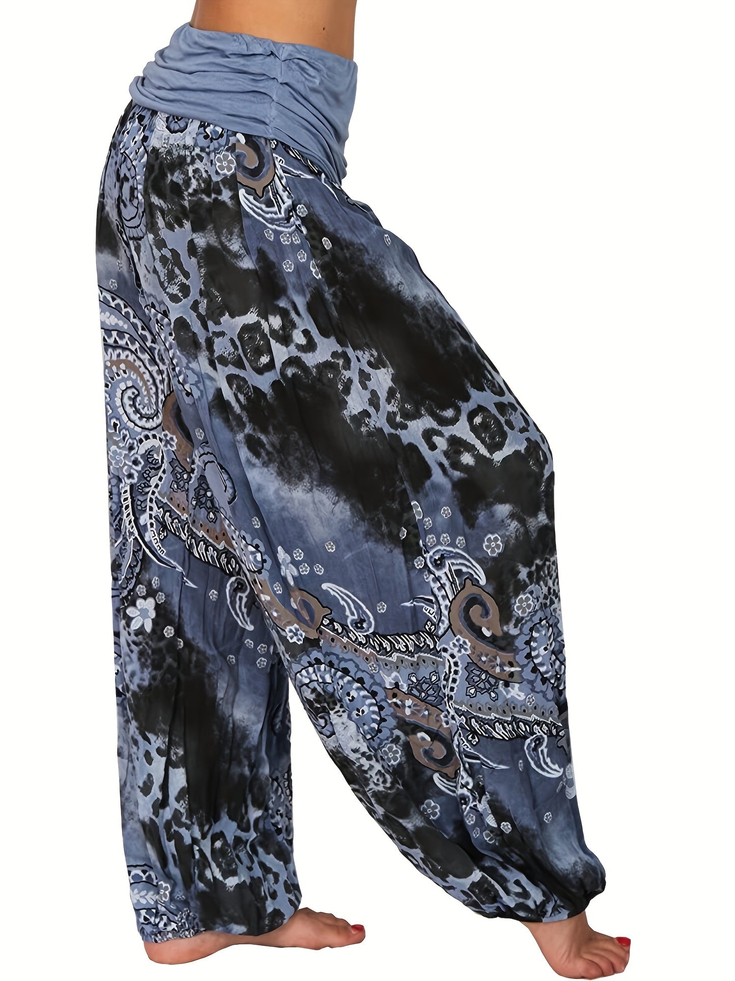 Plus Size Boho Pants, Women's Plus Paisley Print Ruched High Waist Baggy Harem Pants