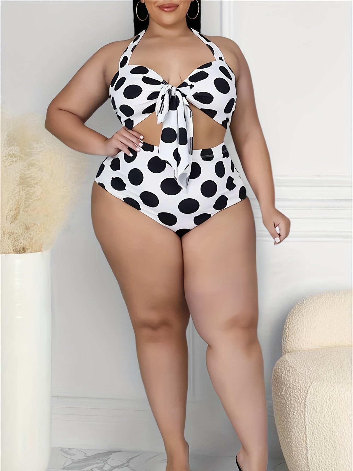 Plus Size Retro Bikini Set, Women's Plus Polka Dot Print Halter Neck Tie Front Backless Top & Underwear Swimsuit Two Piece Set