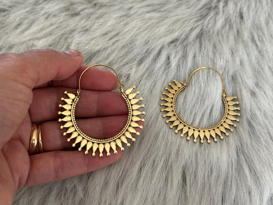 Soleil Mandala Brass Hoops – Ethnic Boho Statement Earrings.