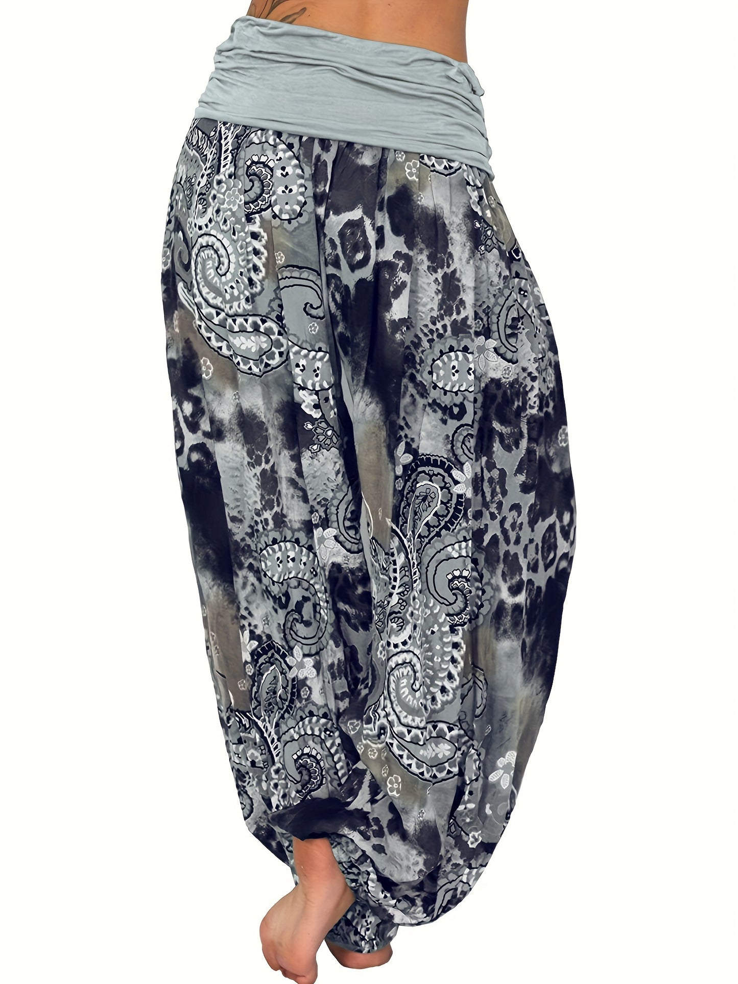 Plus Size Boho Pants, Women's Plus Paisley Print Ruched High Waist Baggy Harem Pants