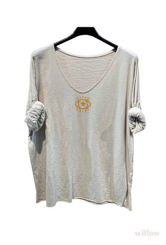 Plain cotton top with long sleeves eye logo: Beige