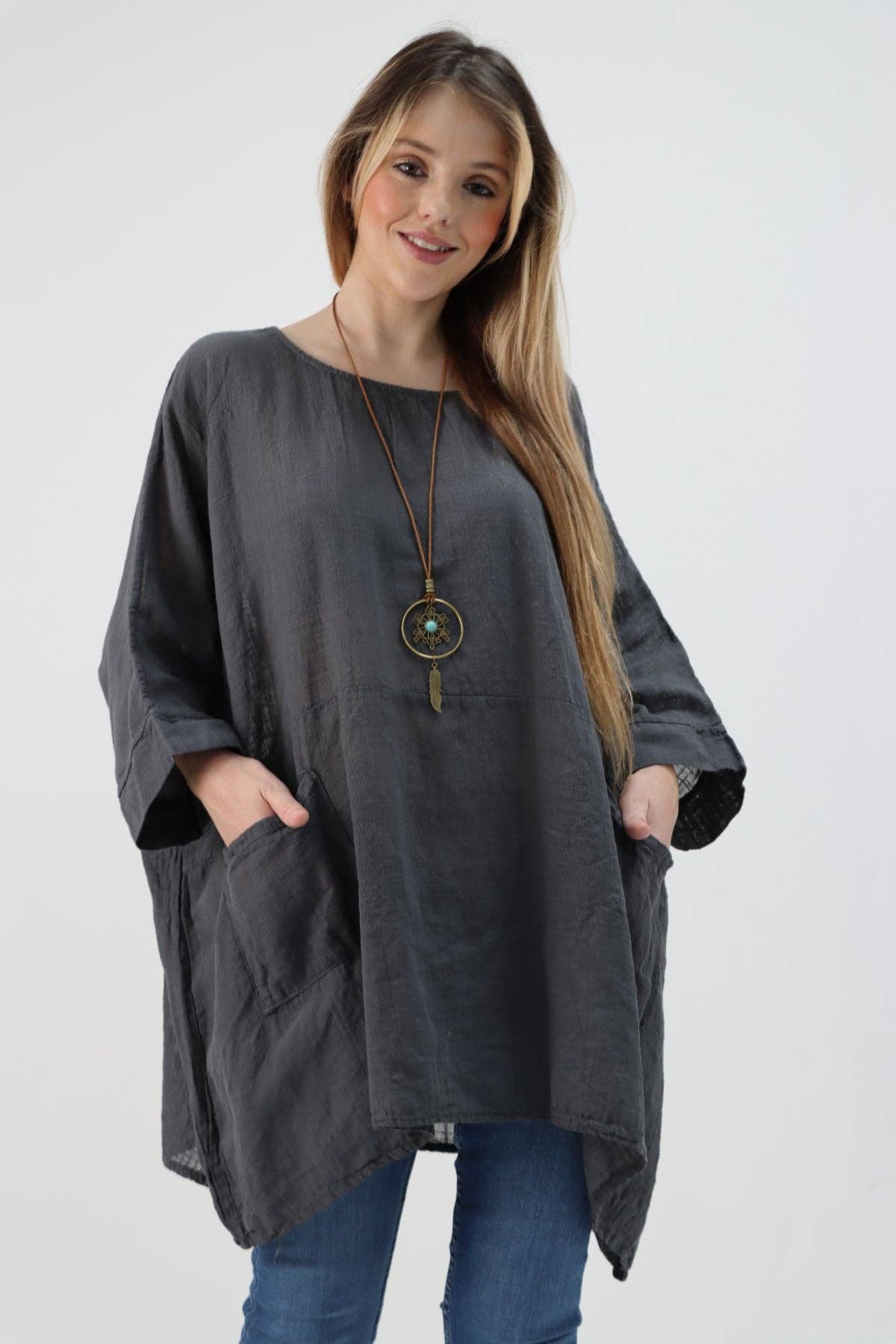 Italian Plain Cotton Necklace Batwing Boxy Top