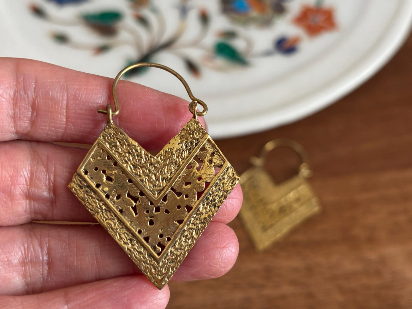 Textured Chevron Statement earrings - Ethnic Fusion Brass Earrings