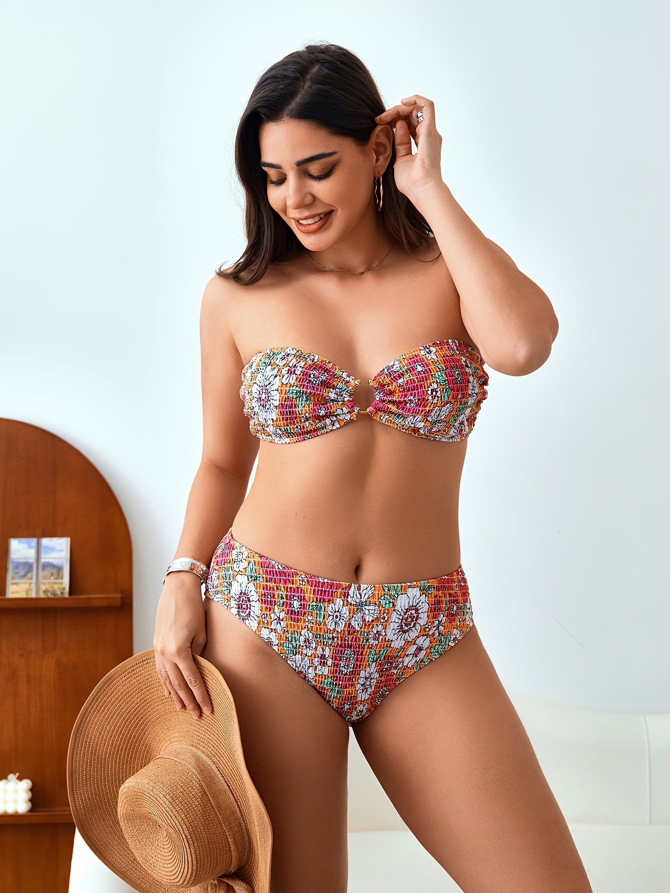 Plus Size Sexy Bikini Set, Women's Plus Floral Print Ring Linked Shirred Tube Bra & Panty Swimsuit 2 Piece Set
