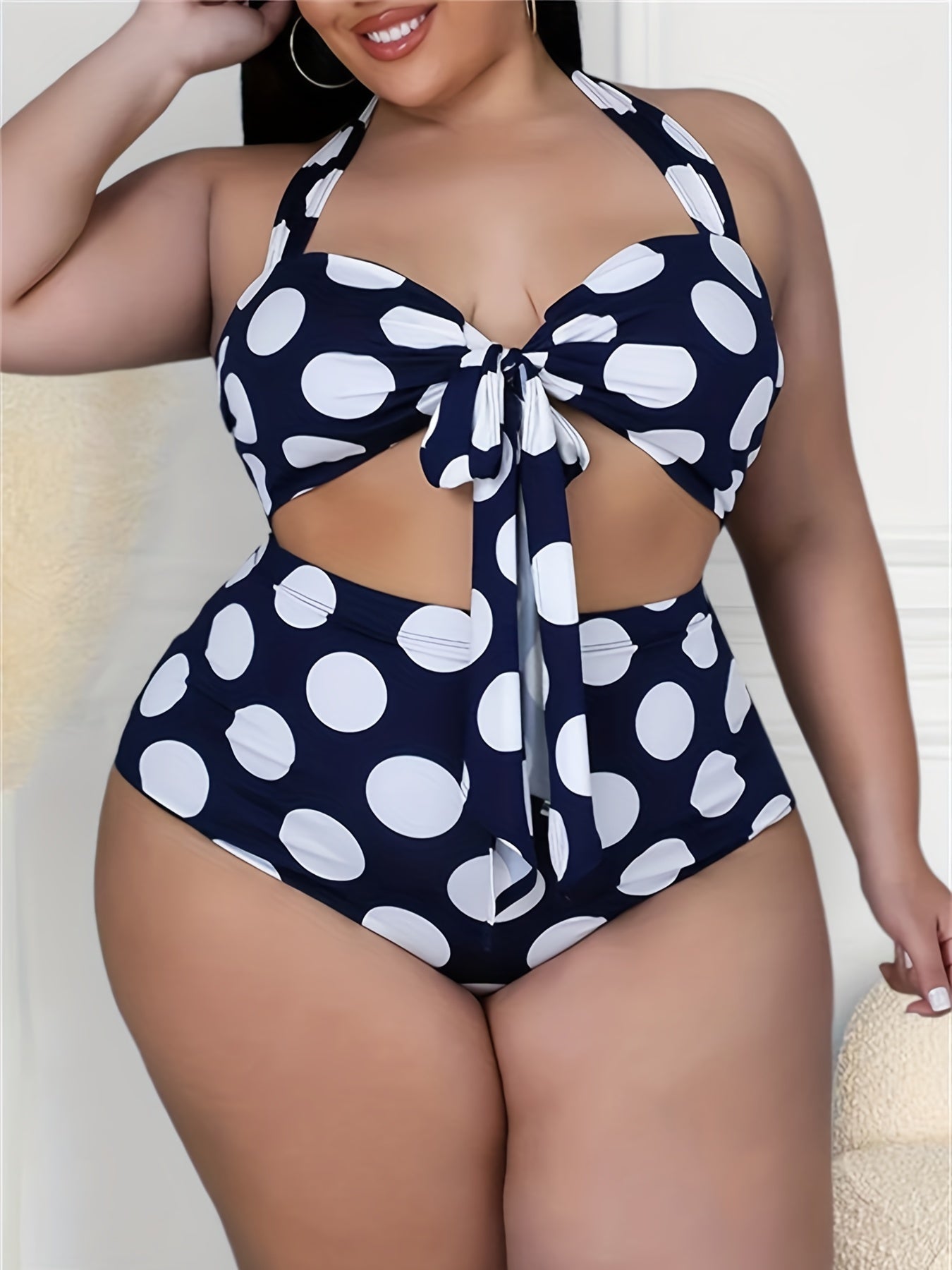 Plus Size Retro Bikini Set, Women's Plus Polka Dot Print Halter Neck Tie Front Backless Top & Underwear Swimsuit Two Piece Set