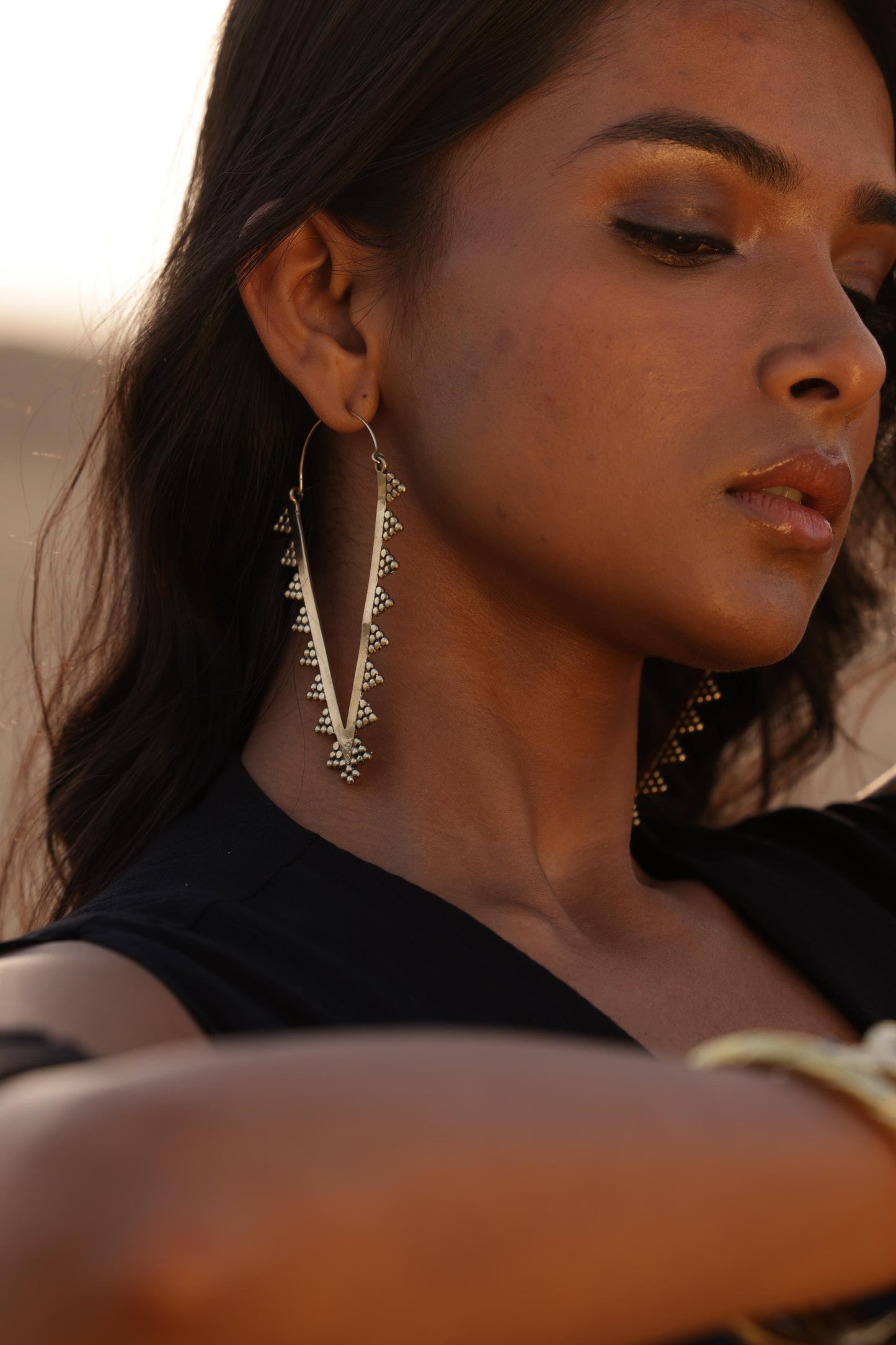 Zahara Spike Hoops - Edgy Brass Triangle Hoops with Boho Desert Vibes.
