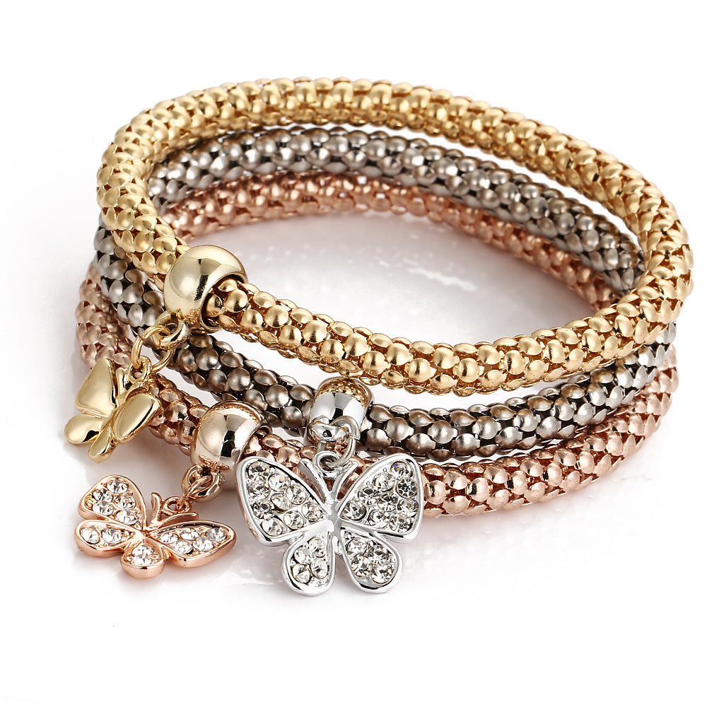 Three bracelet set Butterfly/Rhinestone