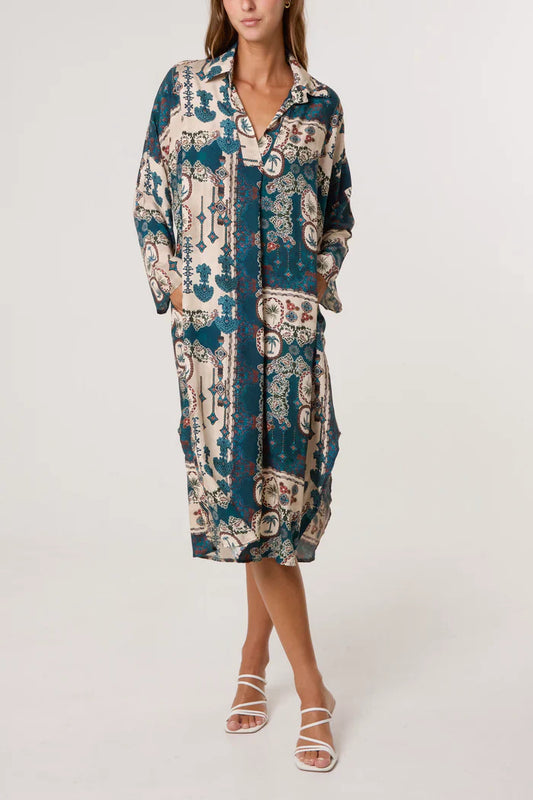 Patchwork Collar Pockets Midi Dress