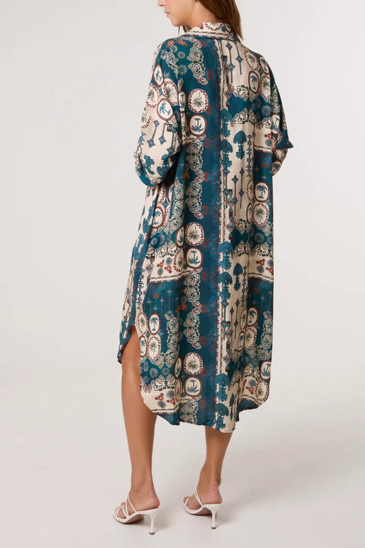 Patchwork Collar Pockets Midi Dress