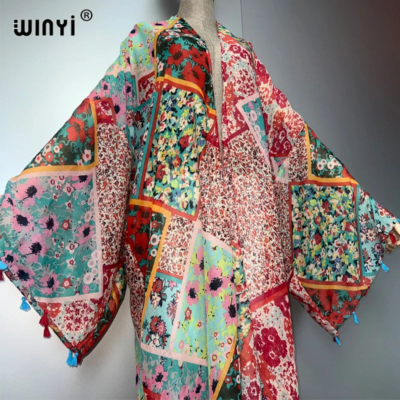 WINYI bohemian kimono print Women coat Loose tassels Long coat beach Holiday Swimming Cover Up party dresses luxury dubai abaya
