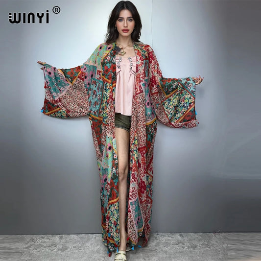 WINYI bohemian kimono print Women coat Loose tassels Long coat beach Holiday Swimming Cover Up party dresses luxury dubai abaya