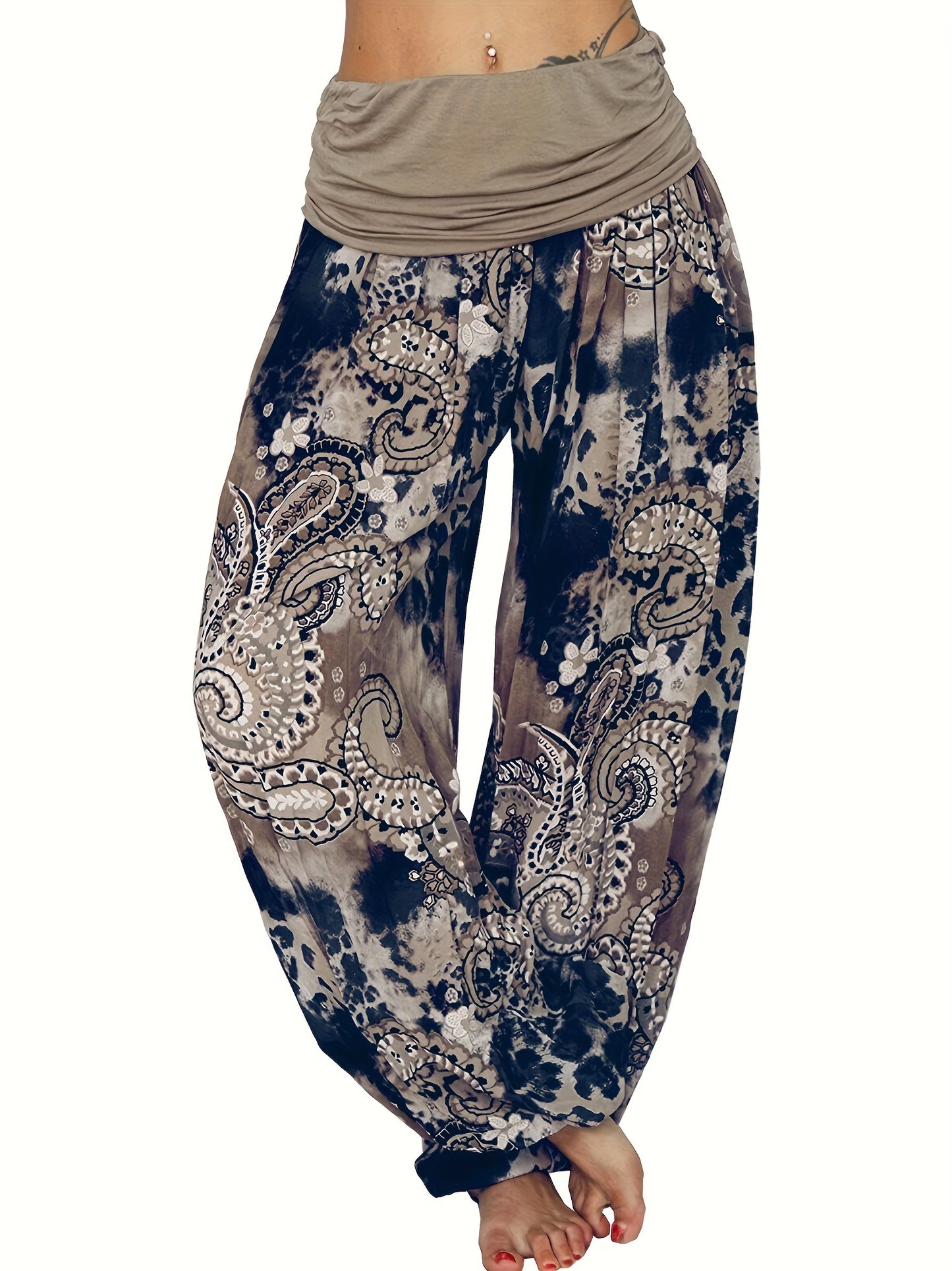 Plus Size Boho Pants, Women's Plus Paisley Print Ruched High Waist Baggy Harem Pants