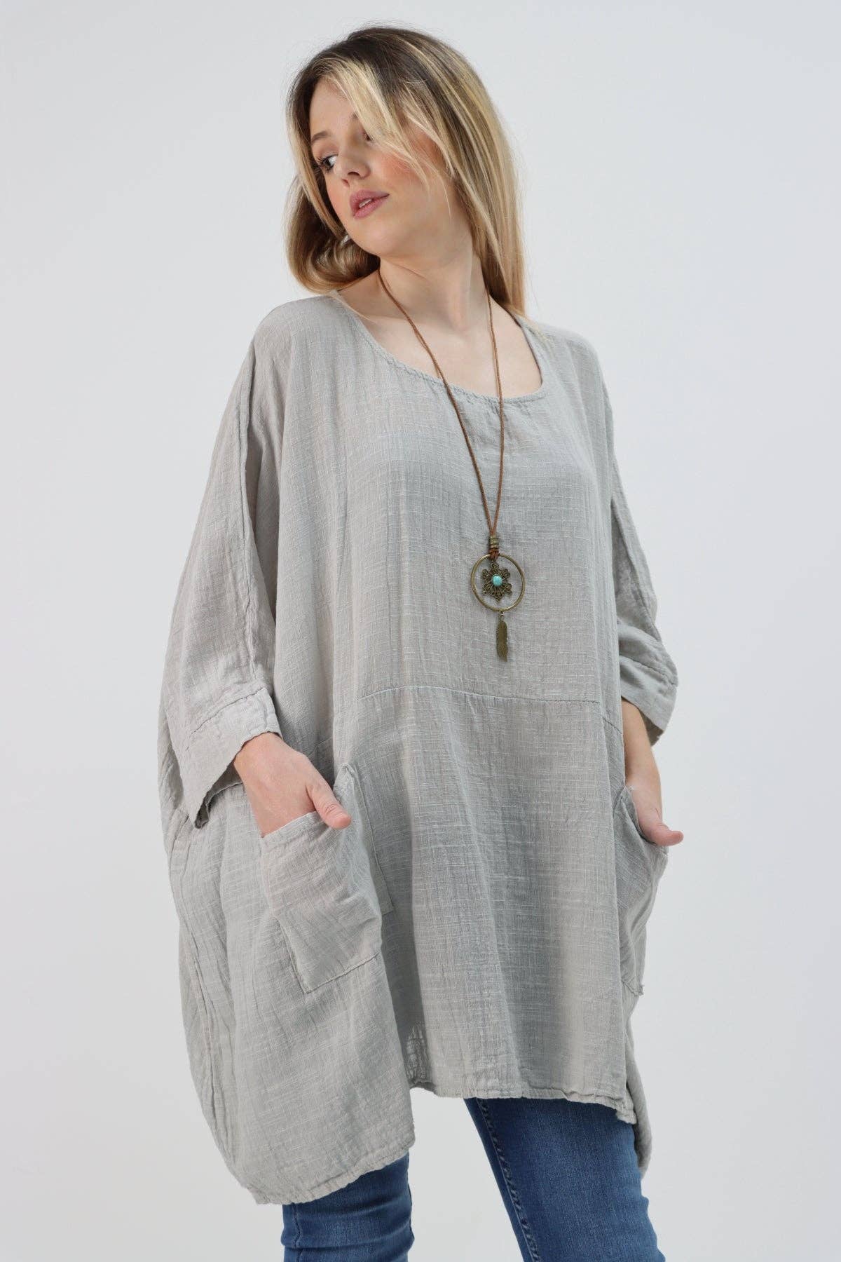 Italian Plain Cotton Necklace Batwing Boxy Top