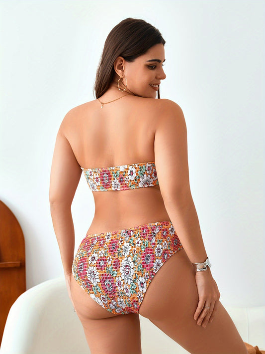 Plus Size Sexy Bikini Set, Women's Plus Floral Print Ring Linked Shirred Tube Bra & Panty Swimsuit 2 Piece Set