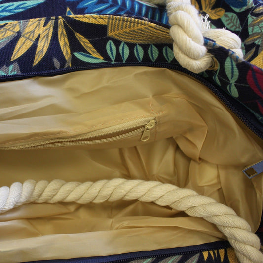 Rope Handle Bag - Teal And Blue Flowers