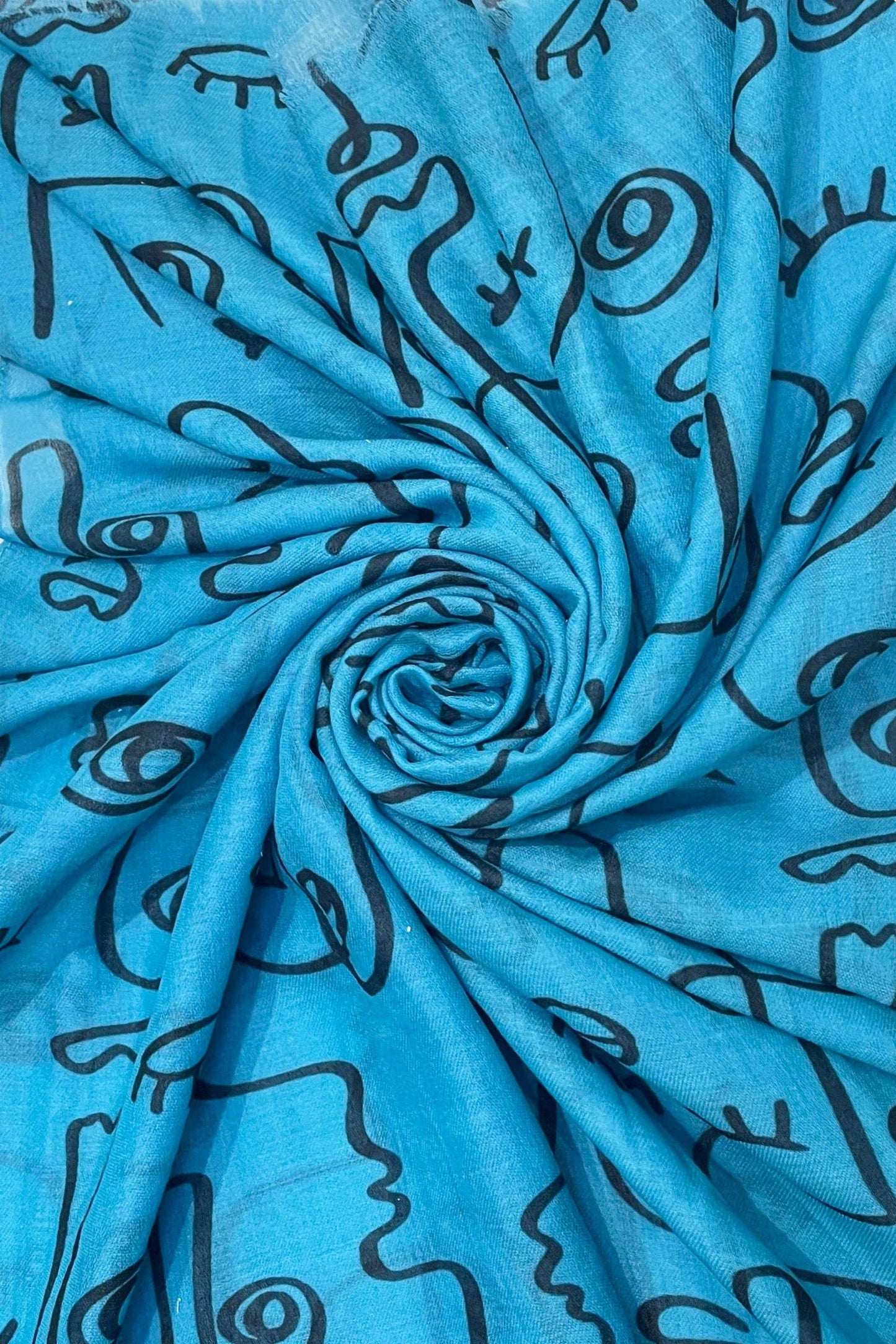 Abstract Face Print Frayed Scarf: White
