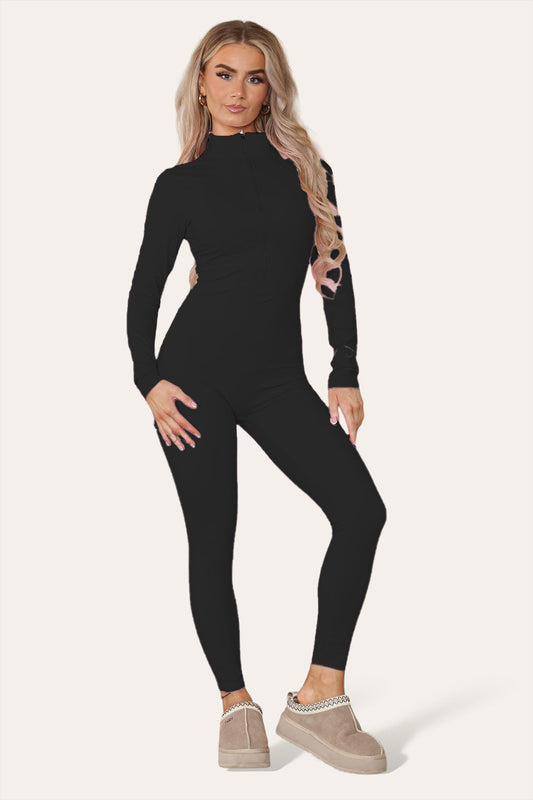 Ribbed High Neck Zipper Collar Jumpsuit Front Unitard Set