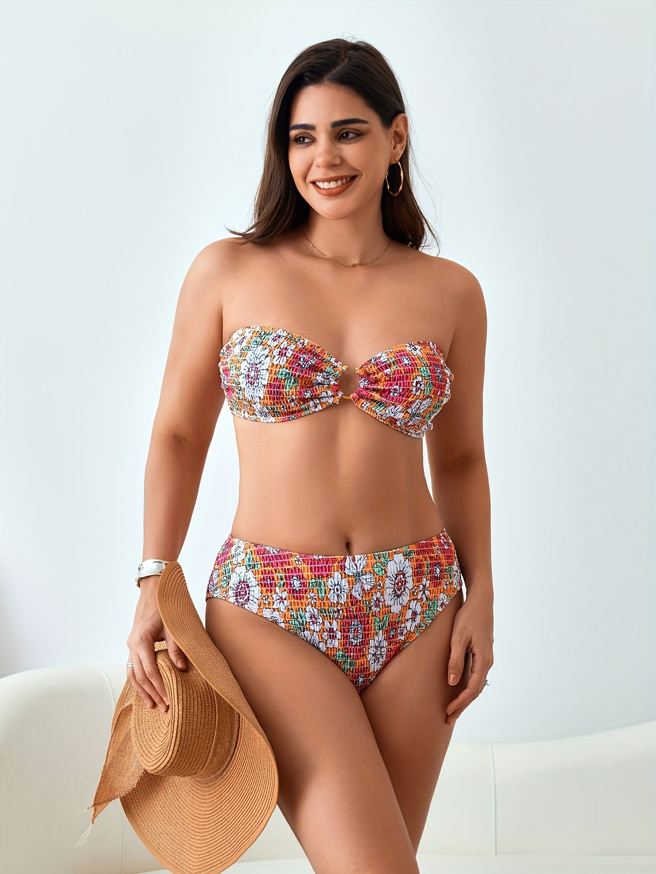 Plus Size Sexy Bikini Set, Women's Plus Floral Print Ring Linked Shirred Tube Bra & Panty Swimsuit 2 Piece Set