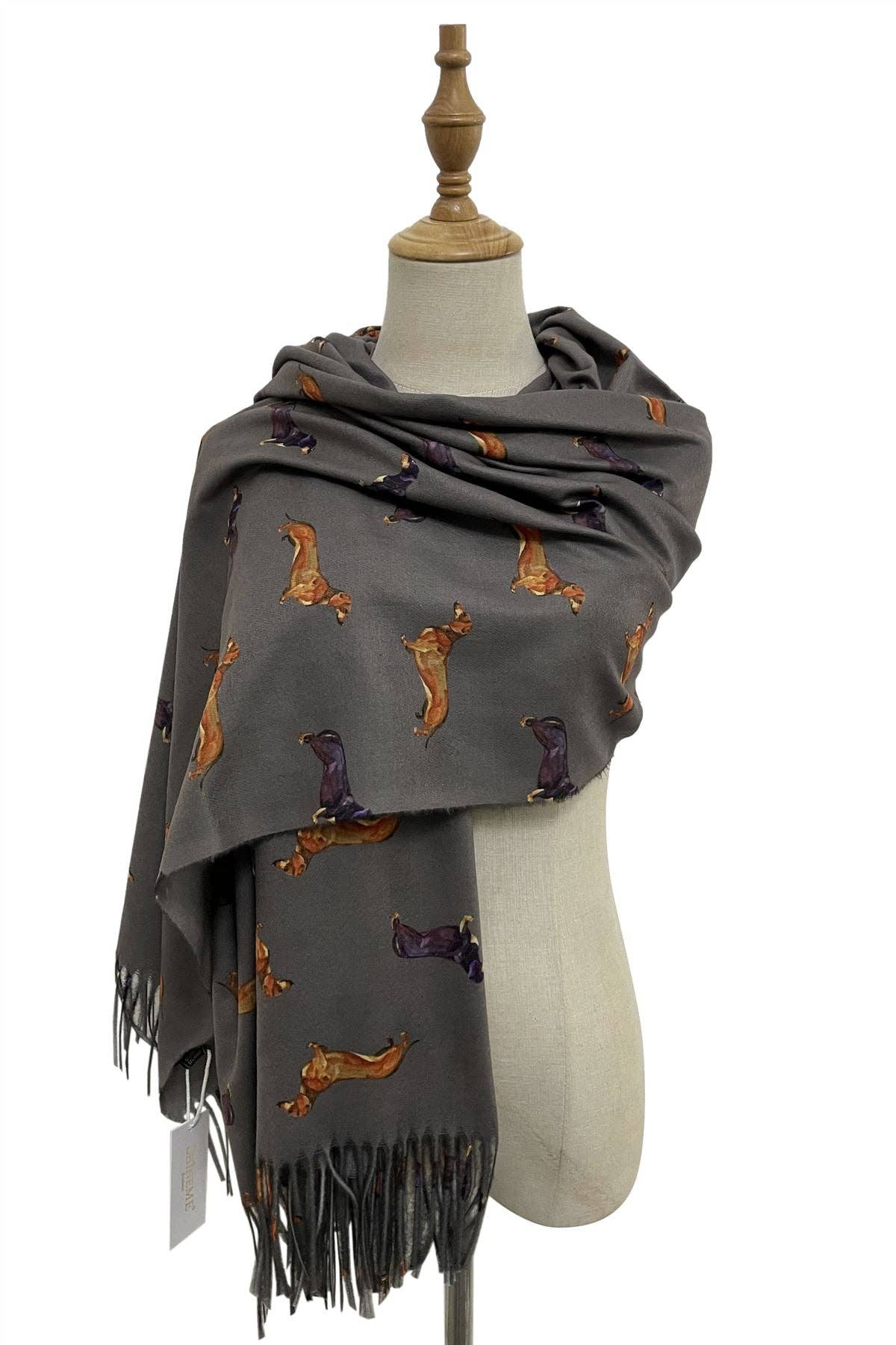 Dachshund Sausage Dog Print Tassel Scarf: Green