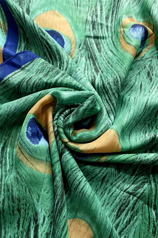 Peacock Feather Print Silk Scarf: Green
