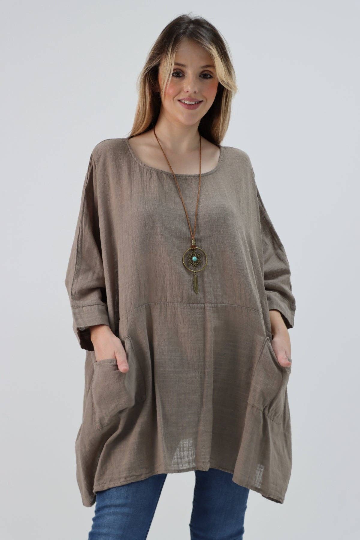 Italian Plain Cotton Necklace Batwing Boxy Top